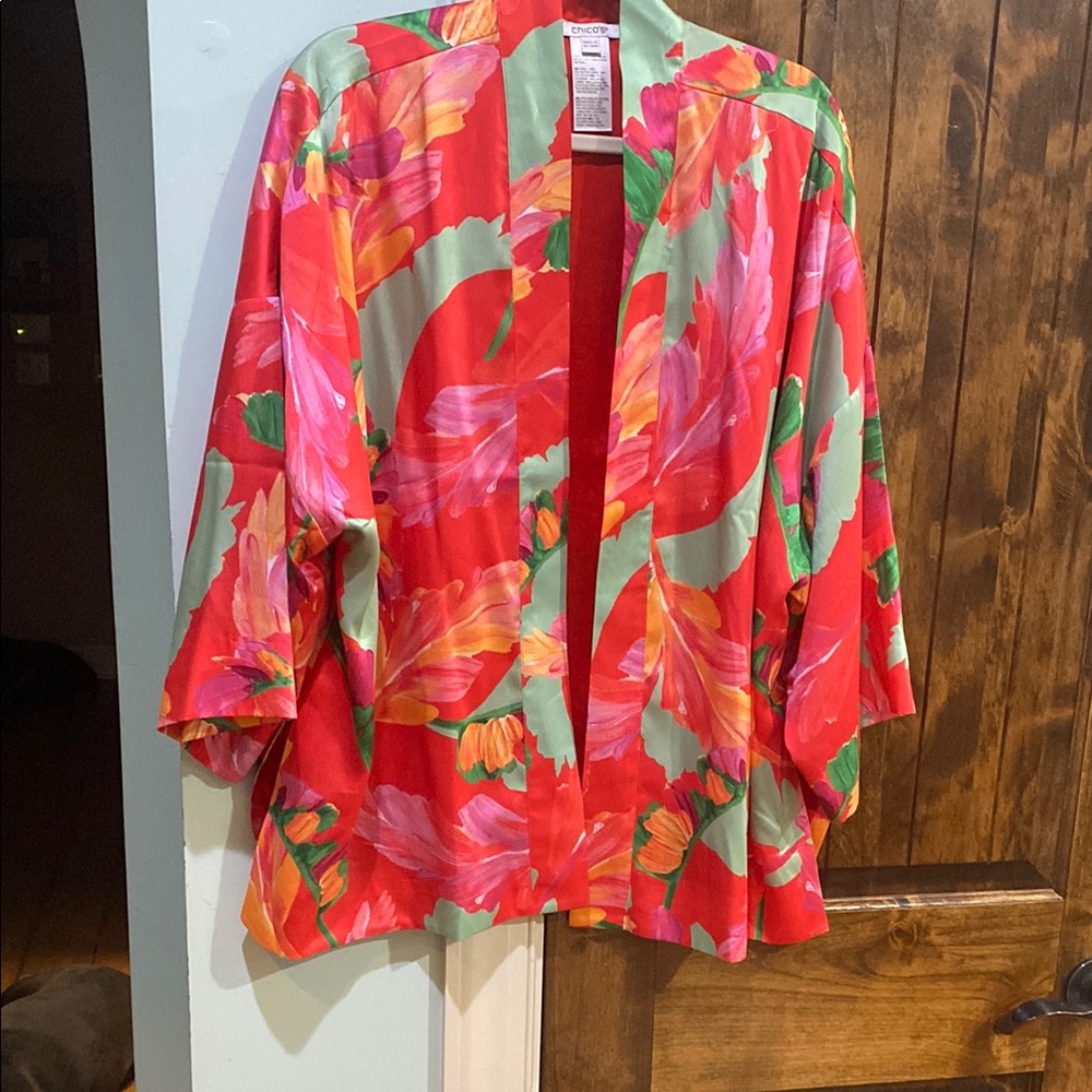 Chico’s Vibrant Floral Kimono Jacket.L/XL. Worn once. Beautiful Brilliant Colors